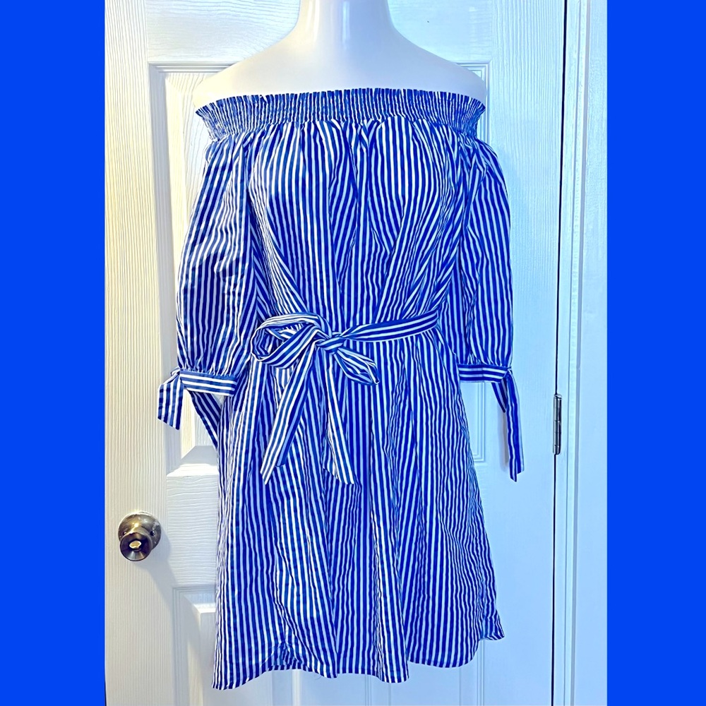 Blue & White Striped Off Shoulder Dress 💙☀️🤍